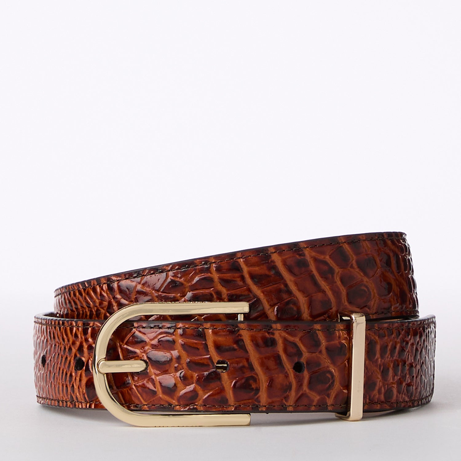 Medium Croc Leather Belt with Gold Buckle | BRAHMIN