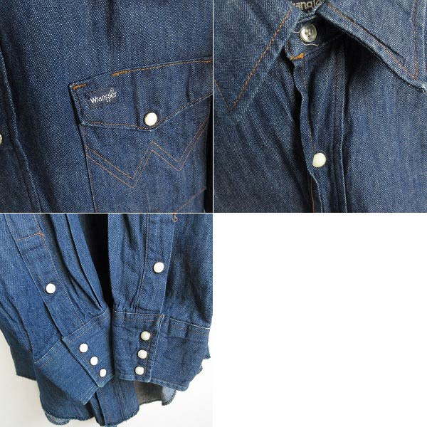 80s USA製 Wrangler ラングラー デニム ウエスタンシャツ 濃紺 16-1/2