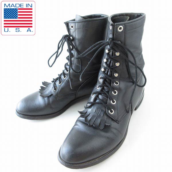 USA製 Justin ジャスティン 編み上げ ブーツ 黒 8D 26cm フォルスタン