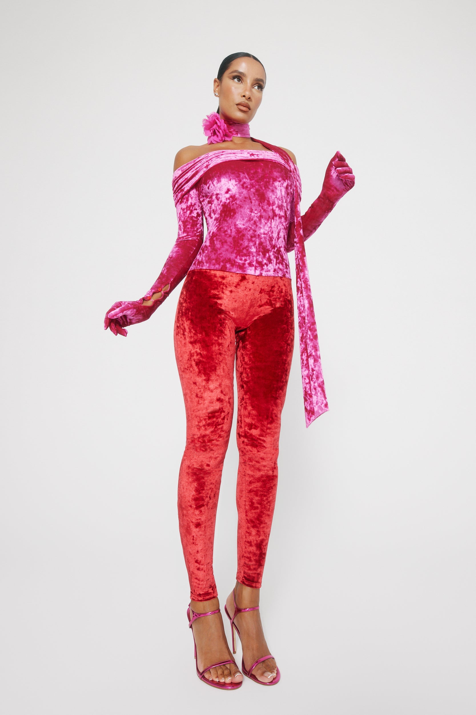Rose Rouge Crushed Velvet Catsuit | Luxury Catsuit & Designer