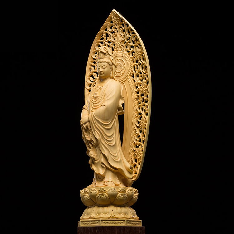 仏像専門店 仏像屋 / 天然ツゲ 黄楊 柘植 木彫り彫刻観音像 光背観音