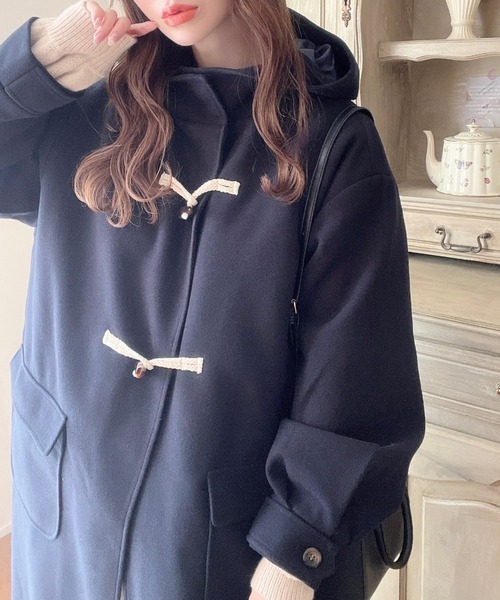 セール】ライトニットメルトンフードありロングダッフルコート