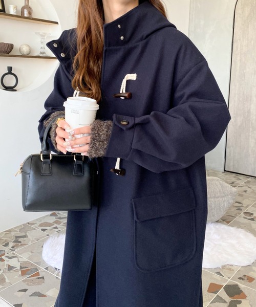 セール】ライトニットメルトンフードありロングダッフルコート