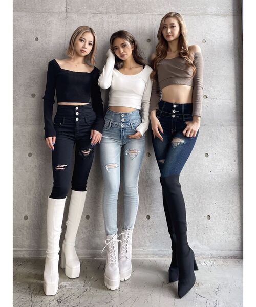 GYDA（ジェイダ）の「ハイウエスト バッククロス ダメージ スキニー