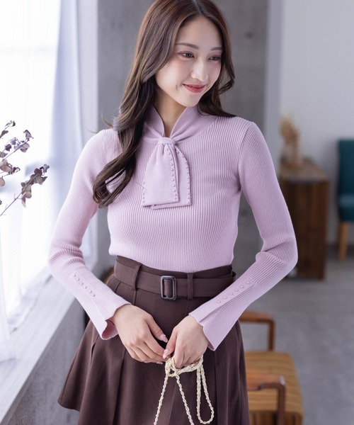 clear（クリア）の「ネックパールリボンリブニットトップス（ニット