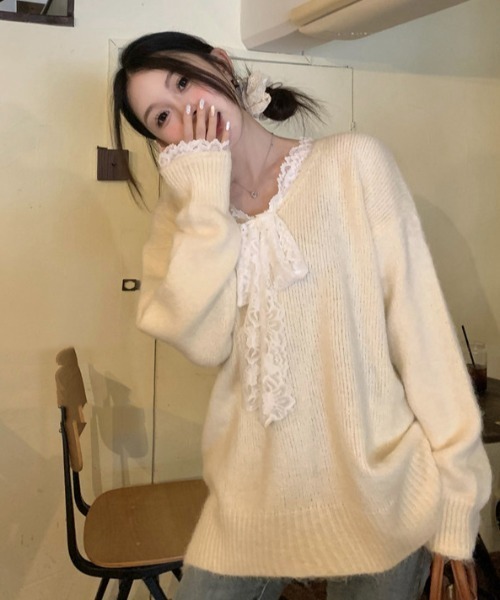 セール】2種類選ぶ 異素材ドッキング vネックレースリボンニット