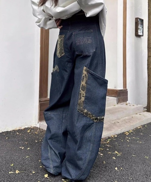 セール】レオパード柄アクセントポケットデニムカーブパンツ/ワイド