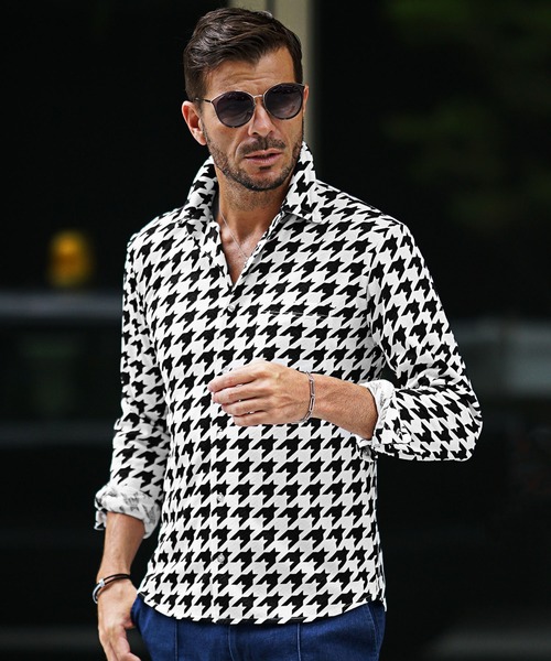 イタリアンカラー総柄長袖シャツ メンズ 無地 千鳥柄 チェックシャツ