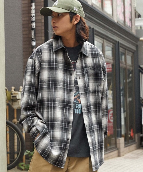 retock's】ロゴ刺繍 オンブレチェック ビッグシルエット長袖シャツ