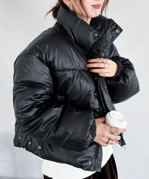 セール】leather short down jacket／合成皮革スタンドカラーショート