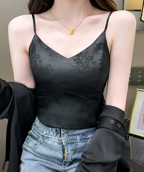 セール】ボタニカル柄 Vネック コンパクト サテン キャミソール