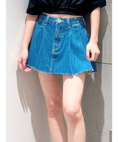 セール】タックプリーツ デニムスカートライクショートパンツ（デニム