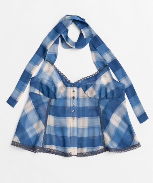 Plaid Halter Peplum Sheer Tops/チェックホルターペプラムシアー