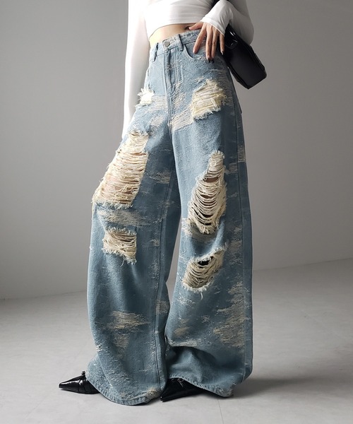 2color ／ 4size 】クラッシュダメージバイカラースラブワイドデニム