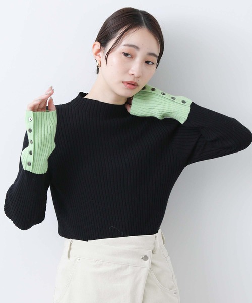 セール】リブボトルネック袖バイカラーニット（ニット/セーター