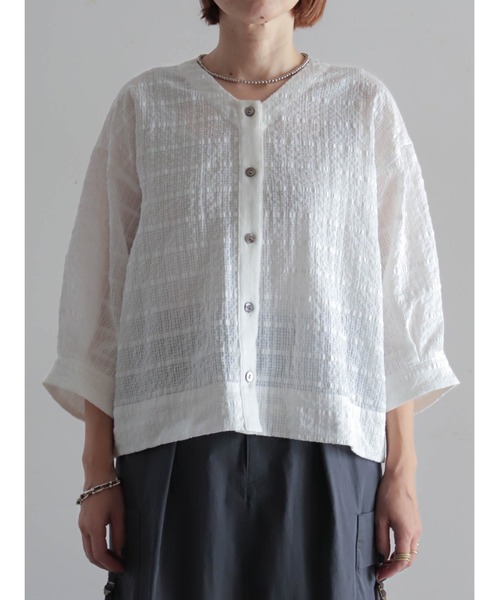 予約】綿ナイロンシアーチェック V開きブラウス | NOMBRE IMPAIR