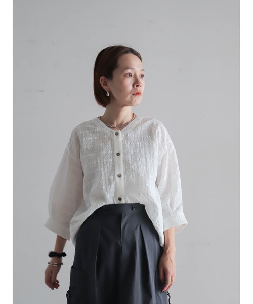 予約】綿ナイロンシアーチェック V開きブラウス | NOMBRE IMPAIR