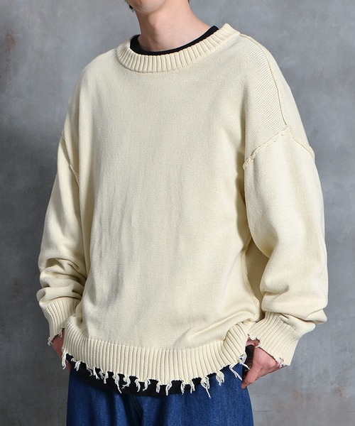 オーバーサイズプルオーバークルーネックコットンダメージ ニット