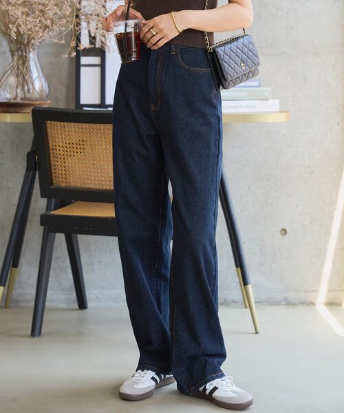 低身長/高身長サイズあり 綿100%ハイウエストストレートワイドデニム