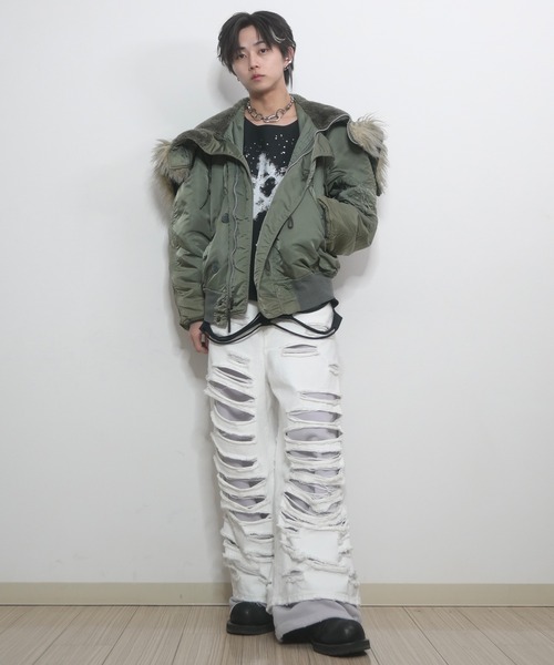 GRANCY】Sweat Docking Design Damage Buggy Denim Pants / スウェット