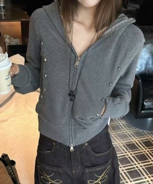 セール】Y2K スタッズ付き ダブルジップパーカー フィンガーホール付き