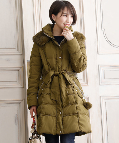 ラビットファーシンプルロングダウンコート リボン結婚式対応（ダウン