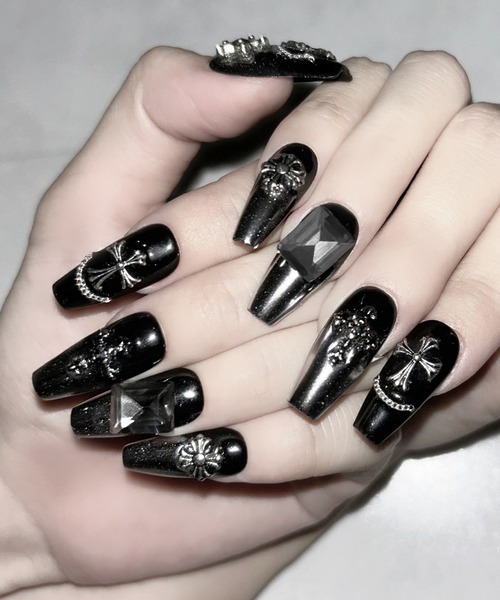 チェーンクロスブラックミラースクエアネイルチップ ／ chain cross