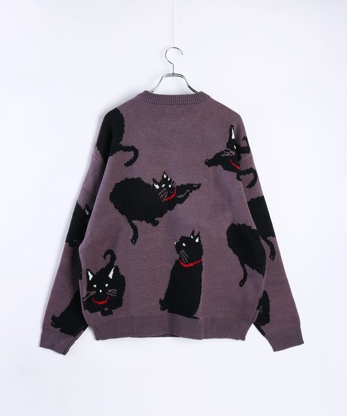 セール】アニマルモチーフ 総柄ジャガードニット（シロクマ・黒猫