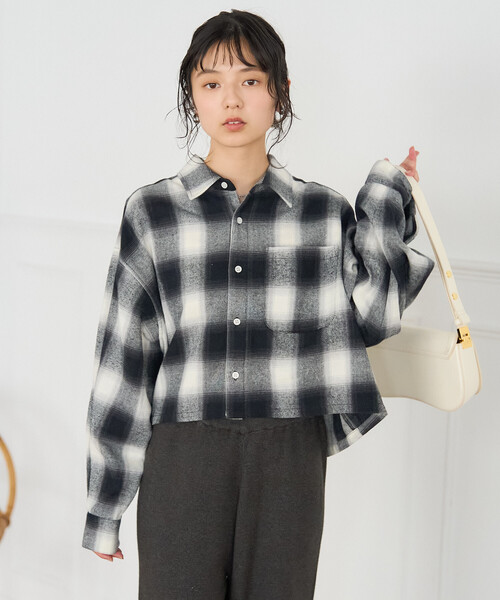 オンブレ チェックシャツ/ショート丈チェックシャツ/ネルシャツ