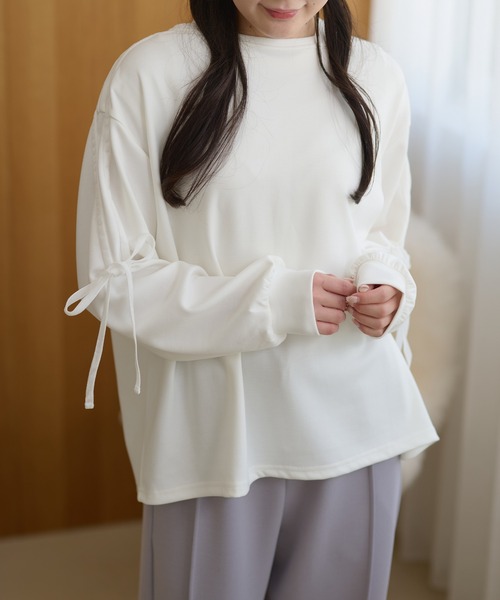 クルーネック 袖リボン オーバーサイズ 長袖 トップス（Tシャツ