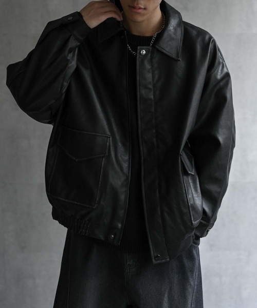 セール】＜ユニセックス＞フェイクレザー 比翼 ビックポケットブルゾン