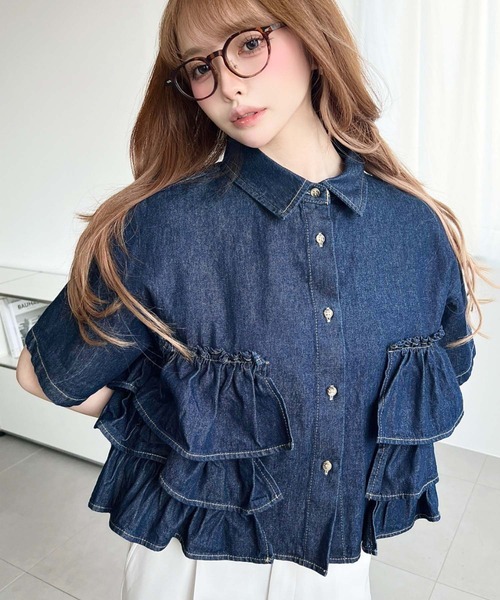 セール】半袖ティアードフリルデニムシャツ（シャツ/ブラウス