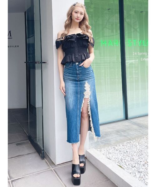 GYDA（ジェイダ）の「ダメージスリット ロングスカートライク デニム