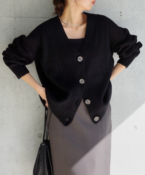 セール】リブ編みボックスシルエット長袖ニットカーディガン