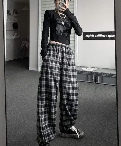 セール】チェック ハイウエスト ワイド ストレート Y2K ストリート
