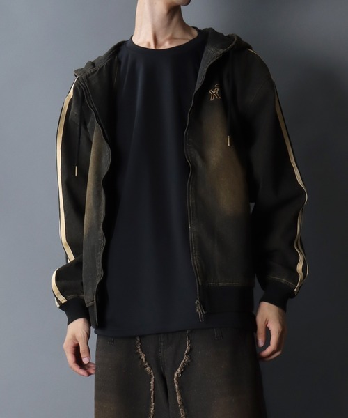 セール】Side Line Denim Hoodie/サイドライン ワンポイント刺繍