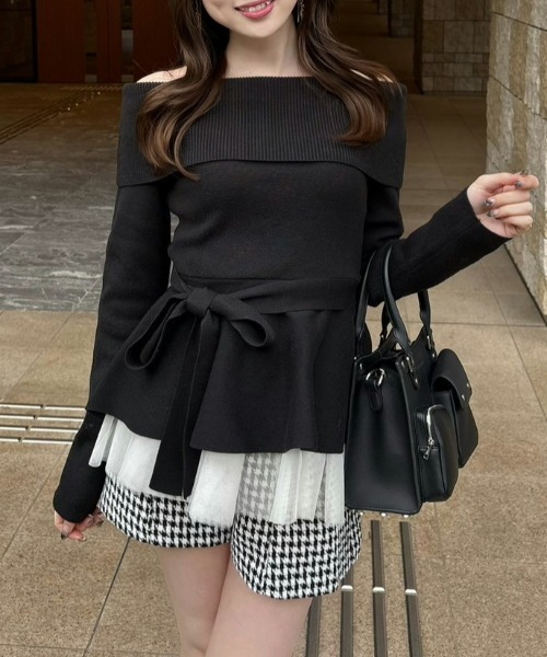 チュールレイヤードペプラムニットトップス 春服（ニット/セーター