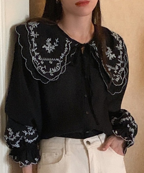 レディース 刺繍入りレトロダブルビッグカラーブラウス（シャツ