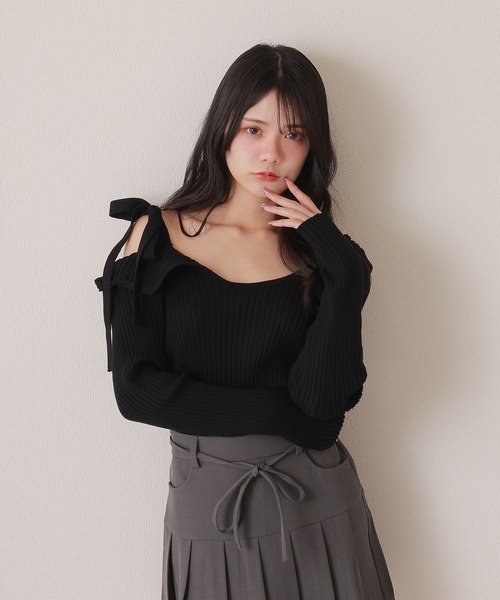 asymmetry ribbon knit tops/オフショルダーアシンメトリーニット