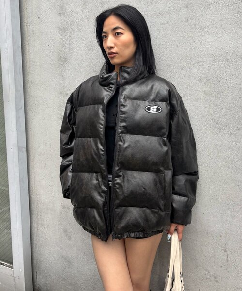 セール】【UNISEXS】Sロゴヴィンテージライクレザーブルゾン（ダウン