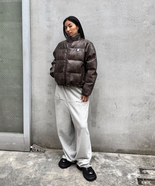 セール】【UNISEXS】Sロゴヴィンテージライクレザーブルゾン（ダウン