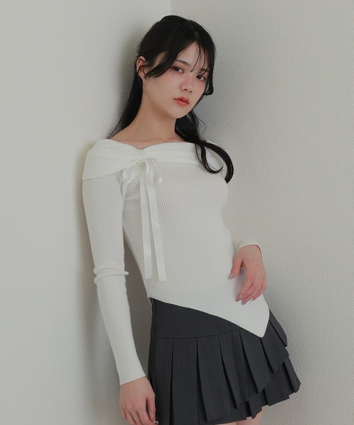 offshoulder ribbon lib tops/オフショルダーリボンリブトップス