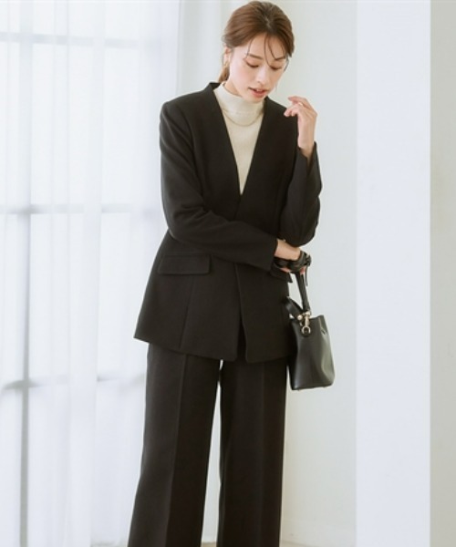 セール】【洗える・ストレッチ】ウール調ワイドパンツスーツ（ロング丈