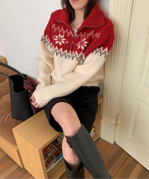 ノルディック柄ハーフZIPハイネックふんわりニット（ニット/セーター