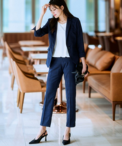 セール】【うすカル・洗える】シャドーチェックストレッチテーパード