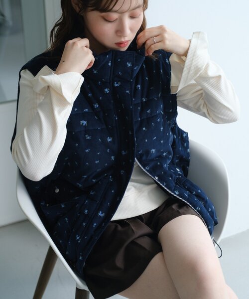 セール】【袖取り外し可/無地&花柄】コーデュロイ中綿ミドルジャケット