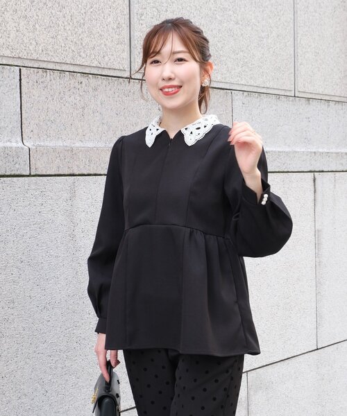 セール】【MAYURI企画】付け襟フロントZIPペプラムブラウス（シャツ