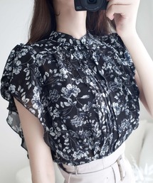 シアー」に該当するトップス（ブラック/黒色系・花柄・ボタニカル柄