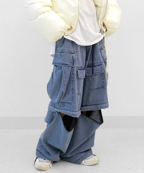 デニムワイドカーゴパンツ ビッグポケット イージーパンツ（デニム