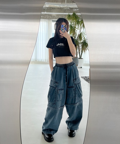 セール】デニムワイドカーゴパンツ ビッグポケット イージーパンツ